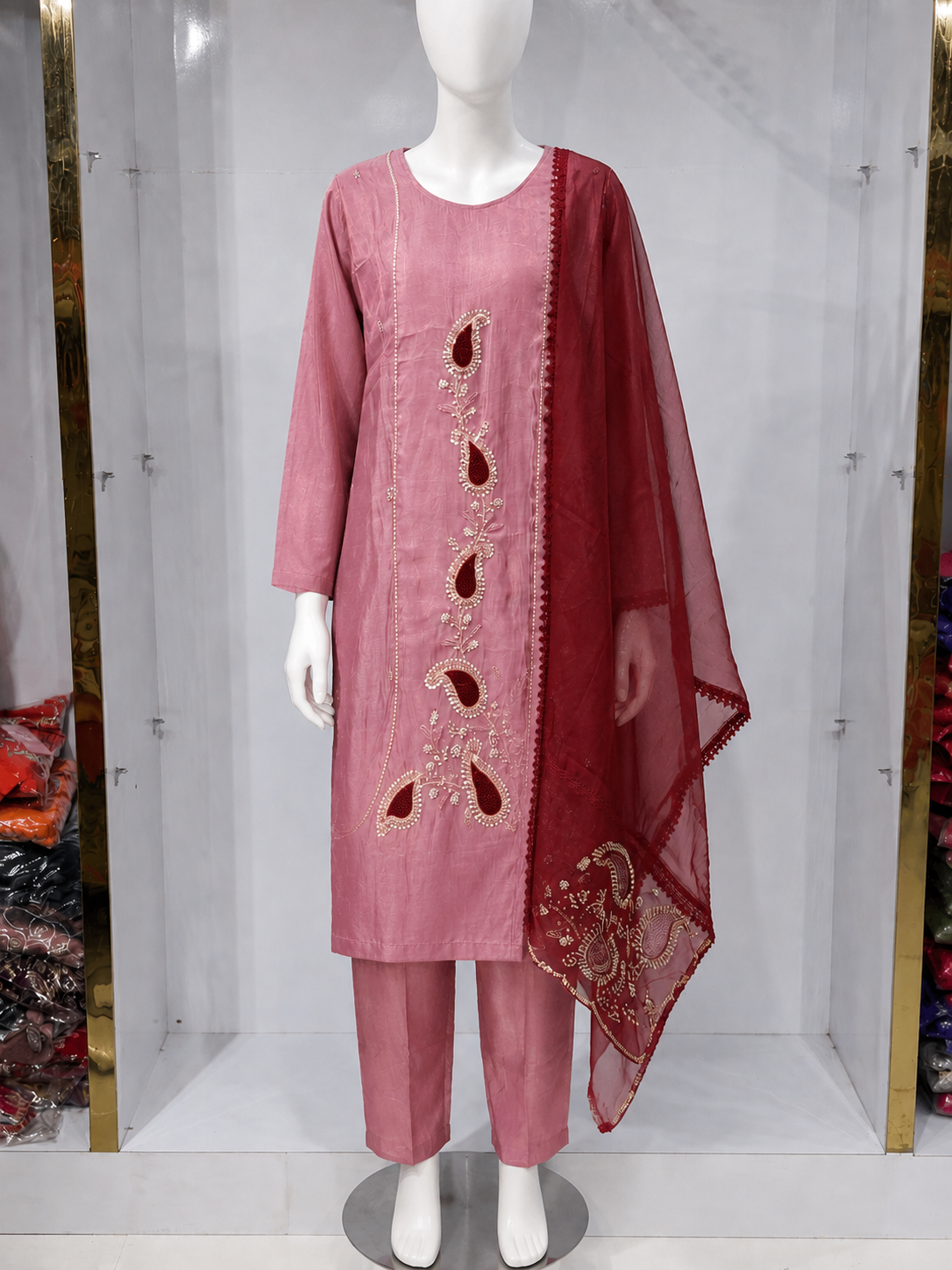 ROSE PINK EMBROIDERED KURTA PANT SET WITH CONTRAST DUPATTA