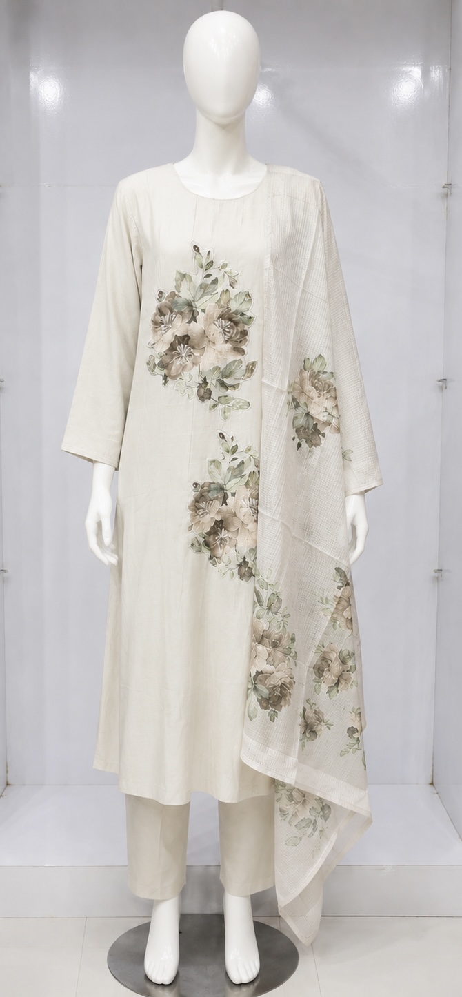 IVORY FLORAL PRINTED KURTA SET WITH DUPATTA