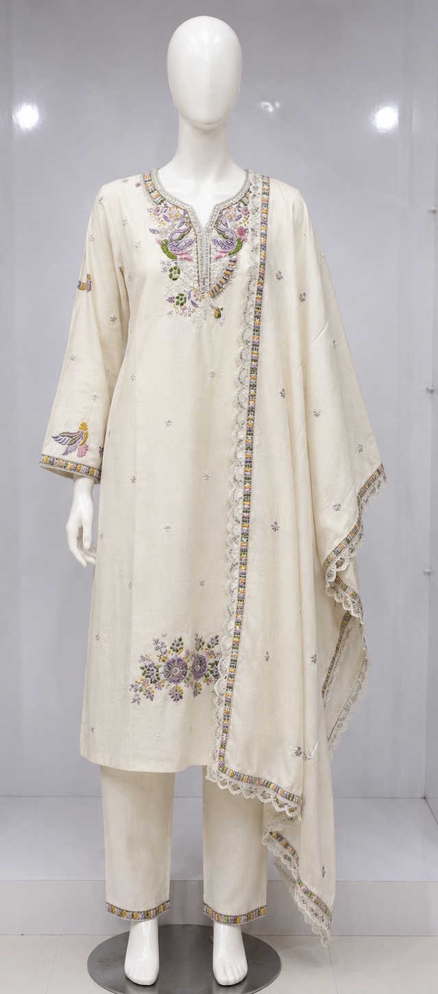 IVORY MULTICOLOUR EMBROIDERED KURTA SET WITH DUPATTA 
