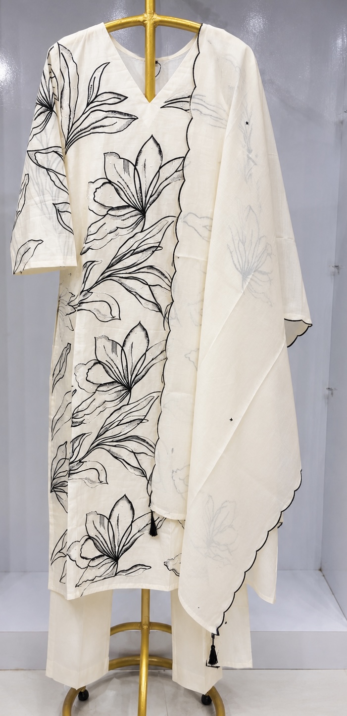 IVORY FLORAL SKETCH PRINT KURTA SET WITH DUPATTA