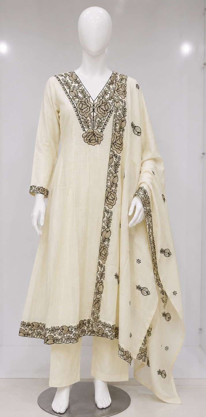 IVORY FLORAL EMBROIDERED ANARKALI SET WITH DUPATTA
