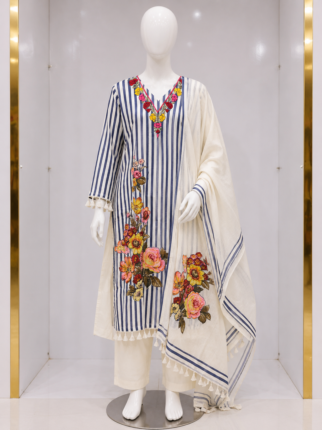 NAVY BLUE STRIPED FLORAL PRINTED KURTA SET WITH DUPATTA