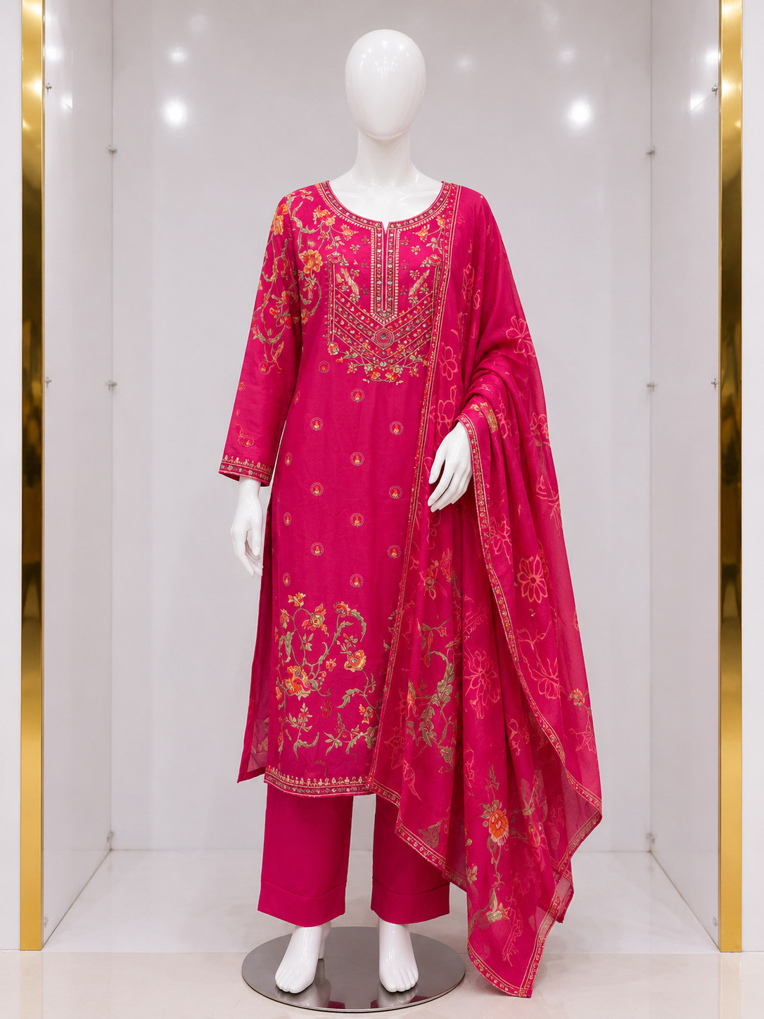 FUCHSIA PINK FLORAL PRINTED KURTA SET WITH DUPATTA