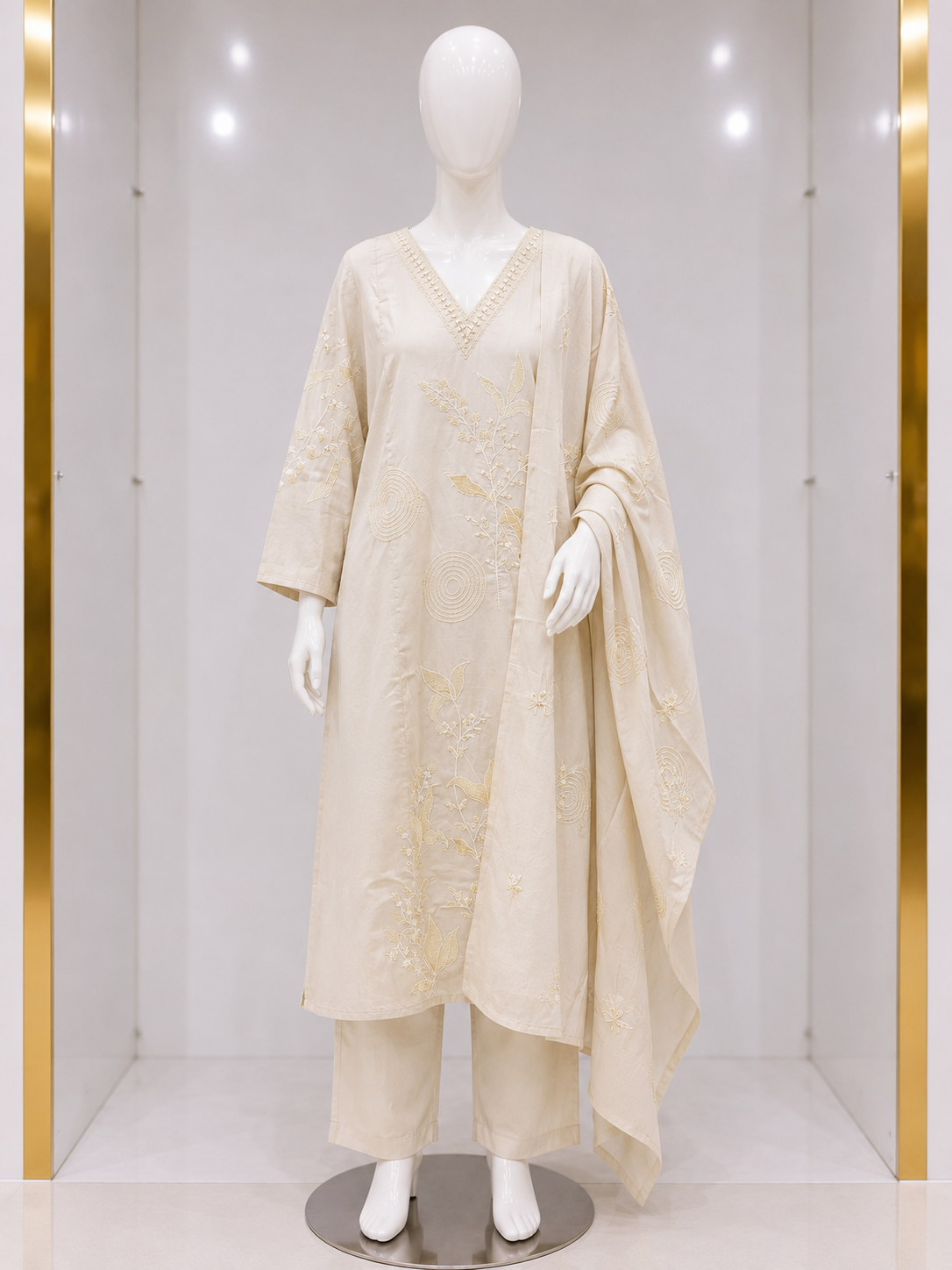 IVORY TONE-ON-TONE EMBROIDERED KURTA SET WITH DUPATTA