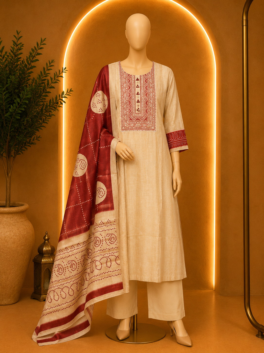 IVORY HANDBLOCK INSPIRED KURTA SET WITH MAROON DUPATTA