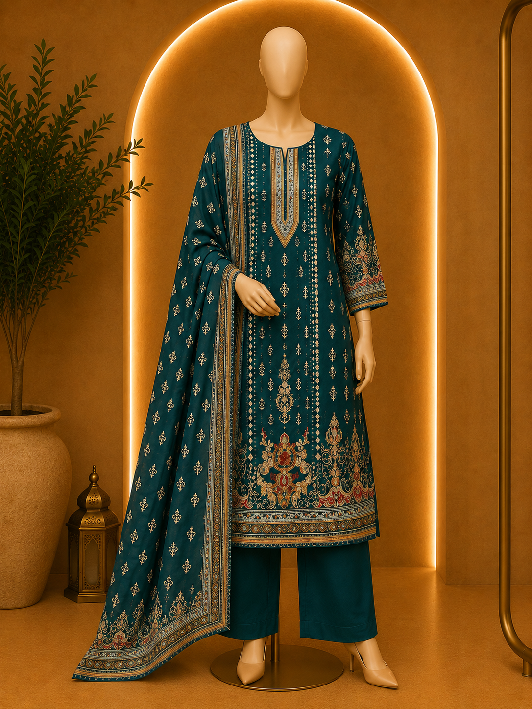 TEAL BLUE ETHNIC PRINTED KURTA SET WITH DUPATTA