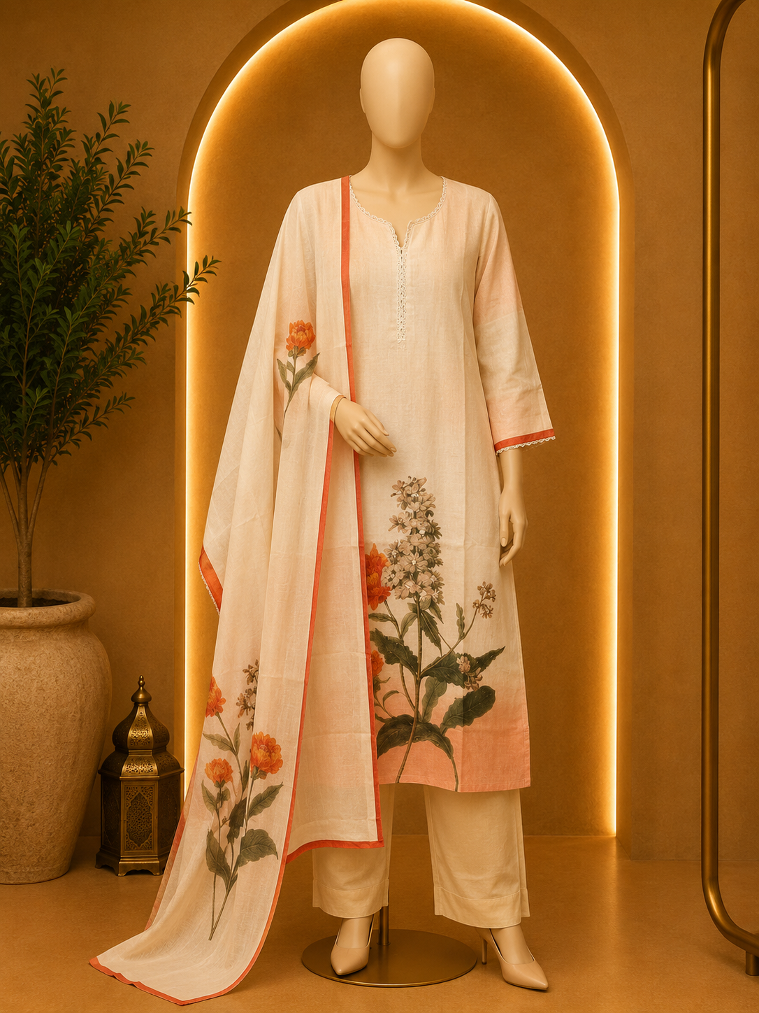 IVORY BOTANICAL PRINT KURTA SET WITH DUPATTA