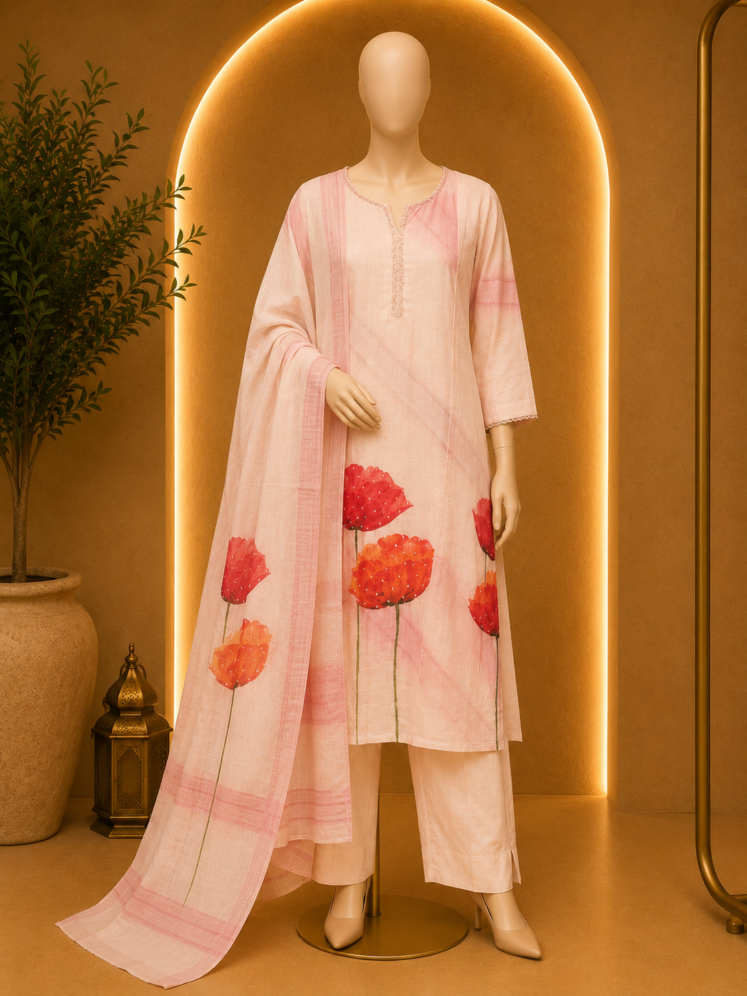 BLUSH PINK FLORAL PRINTED KURTA SET WITH DUPATTA
