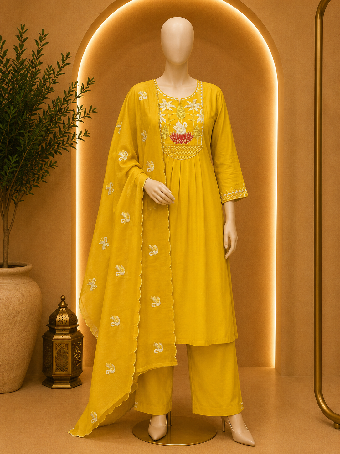 SUNSHINE YELLOW EMBROIDERED ANARKALI KURTA SET WITH DUPATTA