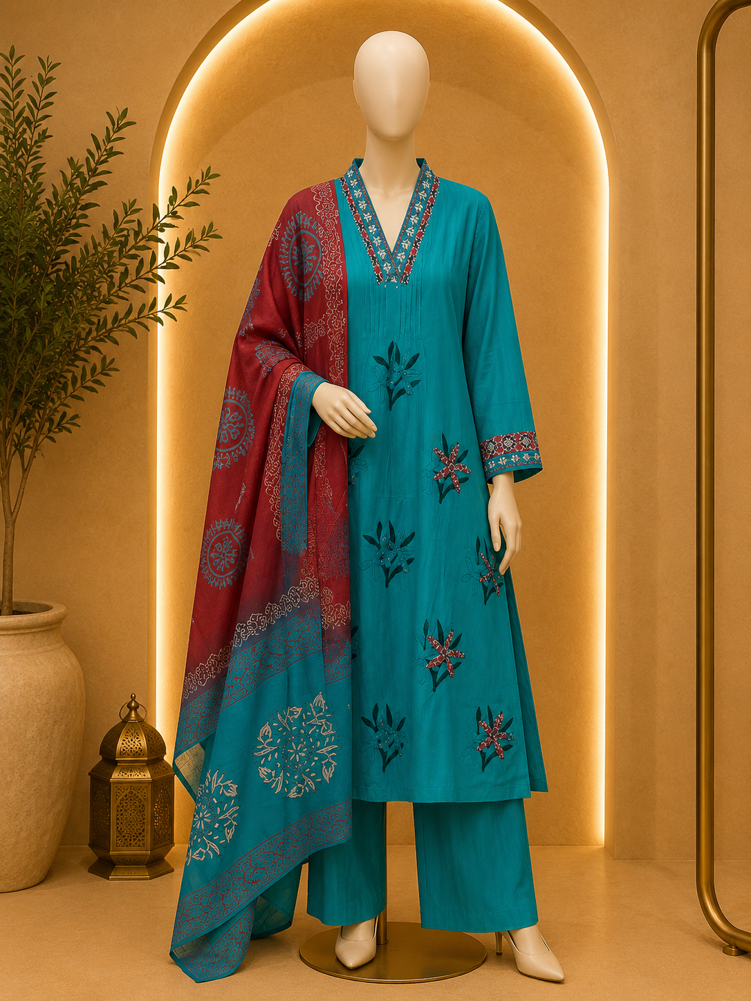 TURQUOISE BLUE EMBROIDERED KURTA PALAZZO SET WITH CONTRAST PRINTED DUPATTA
