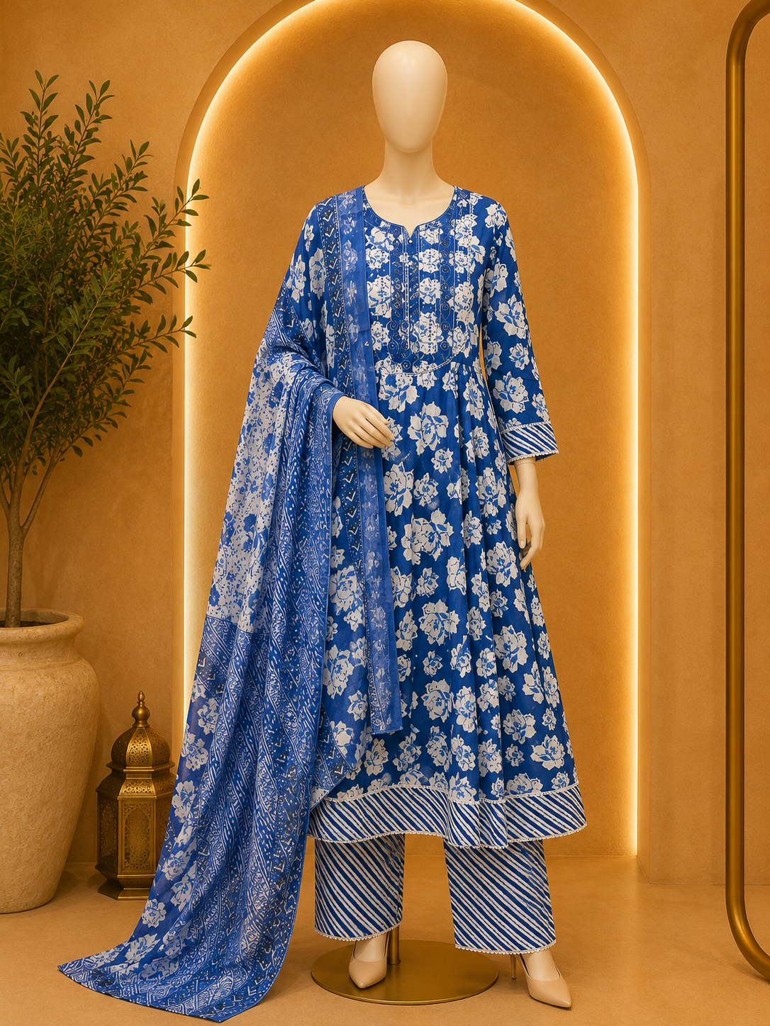 ROYAL BLUE FLORAL PRINTED KURTA PALAZZO SET WITH DUPATTA