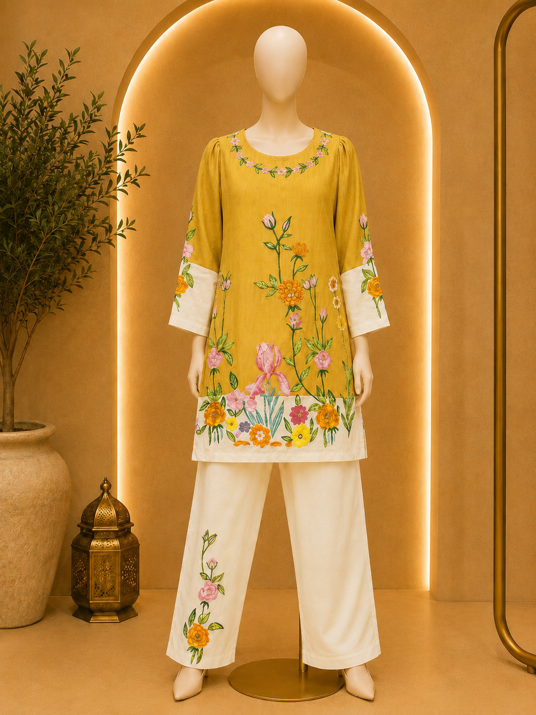 MUSTARD YELLOW FLORAL PRINTED KURTA PALAZZO SET 