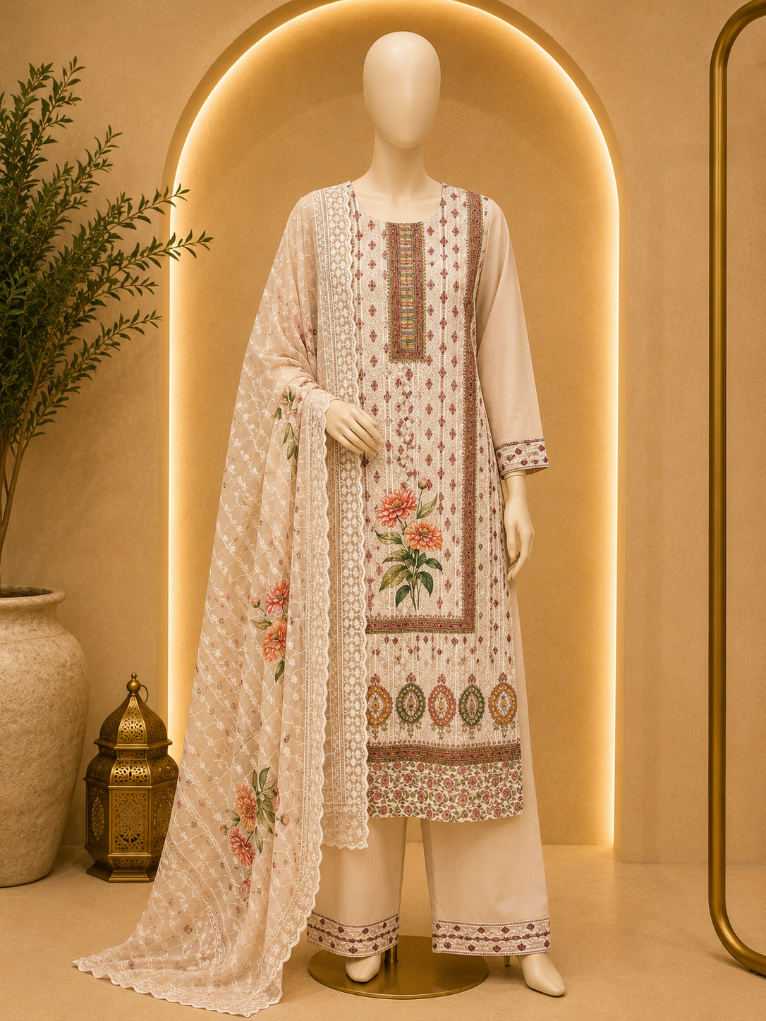 BLUSH BEIGE FLORAL PRINTED KURTA PALAZZO SET WITH EMBROIDERED NET DUPATTA