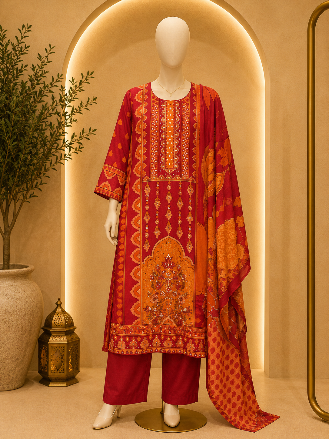 RUBY RED ETHNIC PRINTED KURTA PALAZZO SET WITH DESIGNER DUPATTA