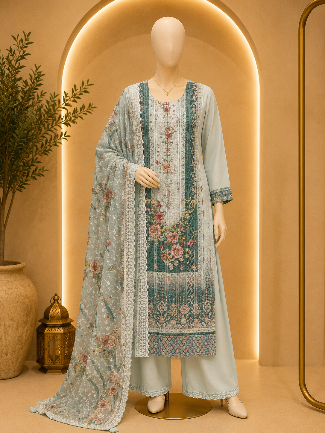 MINT BLOSSOM PRINTED KURTA PALAZZO SET WITH FLORAL DUPATTA