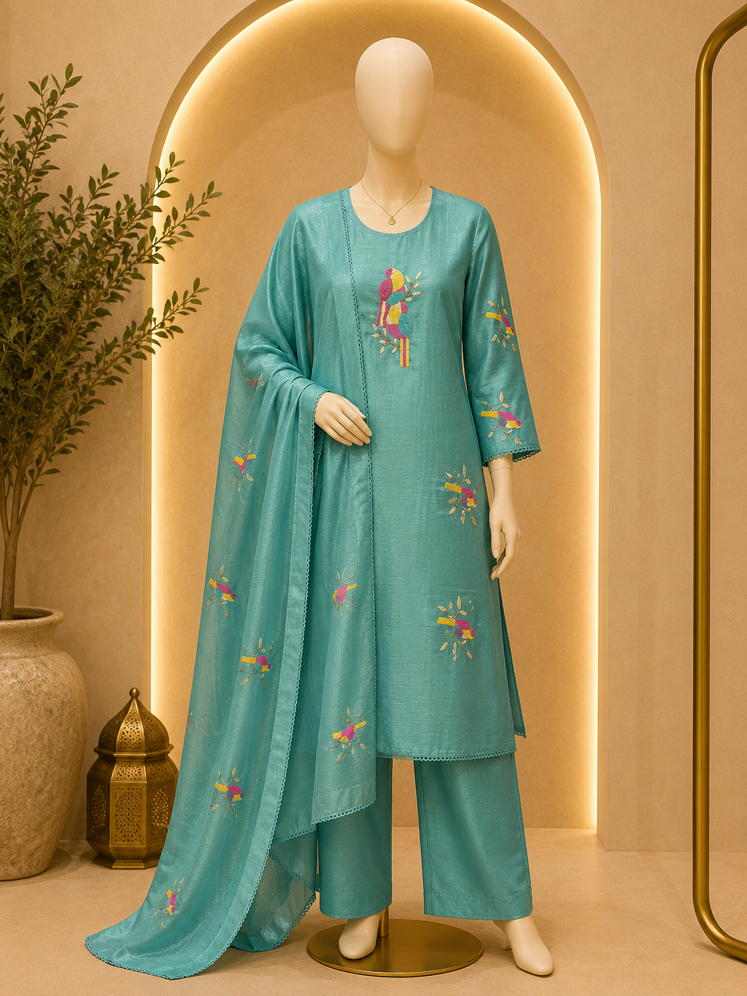 AQUA BIRD EMBROIDERED KURTA PALAZZO SET WITH MATCHING DUPATTA