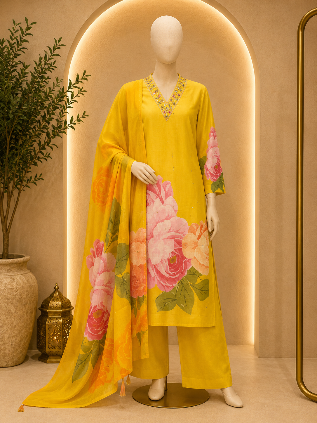 SUNSHINE BLOOM FLORAL KURTA PALAZZO SET WITH PRINTED DUPATTA