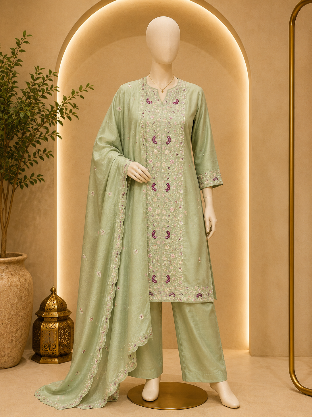 SAGA GRACE EMBROIDERED KURTA PLAZZO SET WITH MATCHING DUPATTA
