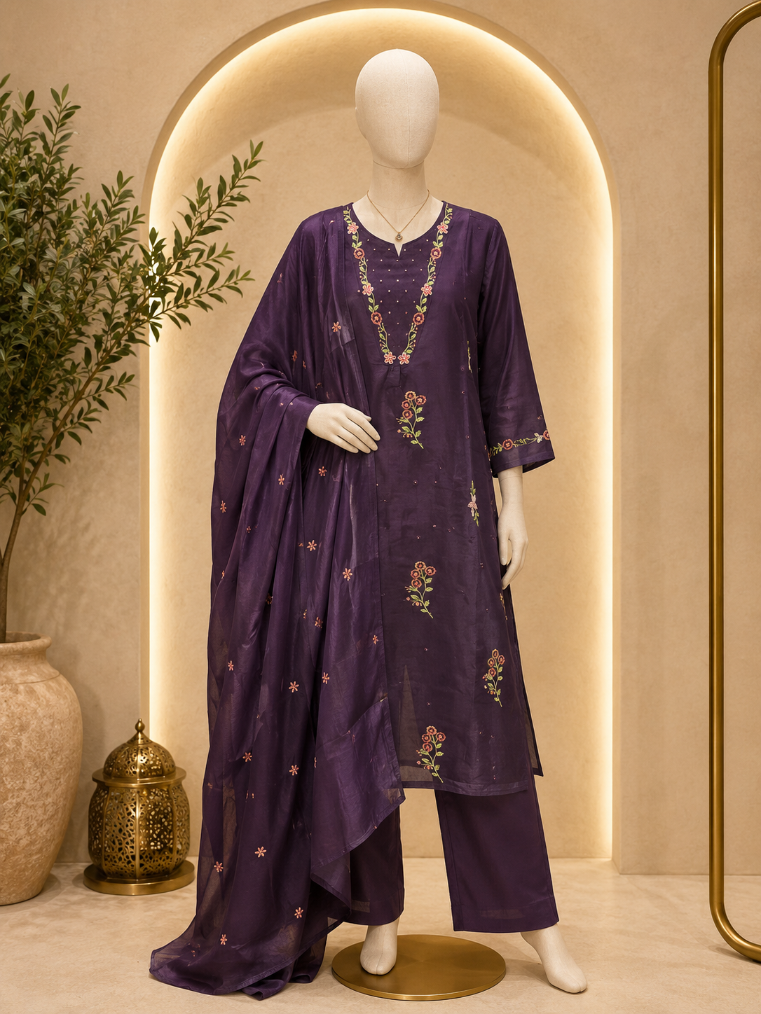 ROYAL PLUM EMBROIDERED KURTA PALAZZO SET WITH ORGANZA DUPATTA 