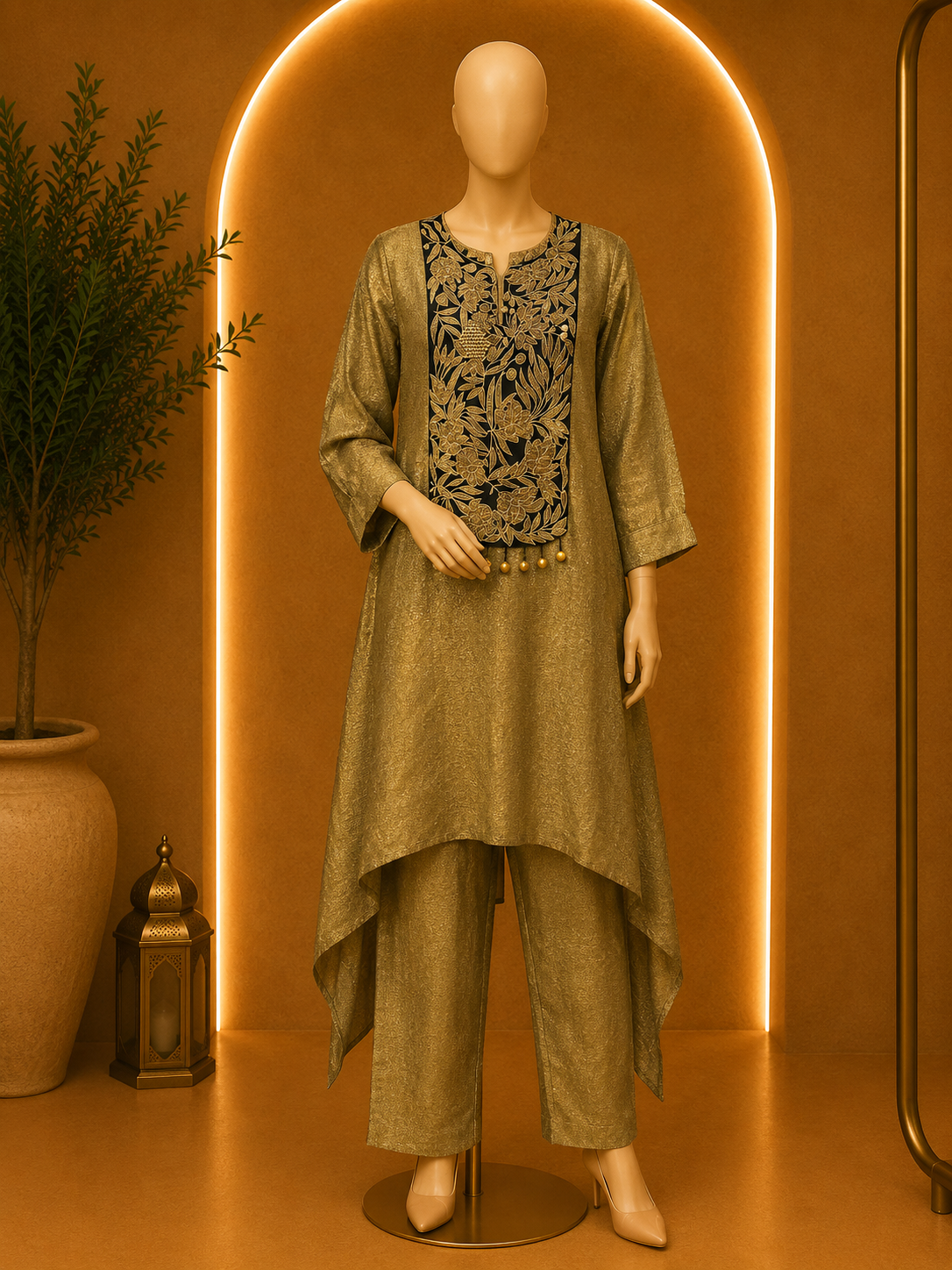 GOLDEN OLIVE EMBROIDERED HIGH-LOW CO-ORD SET 