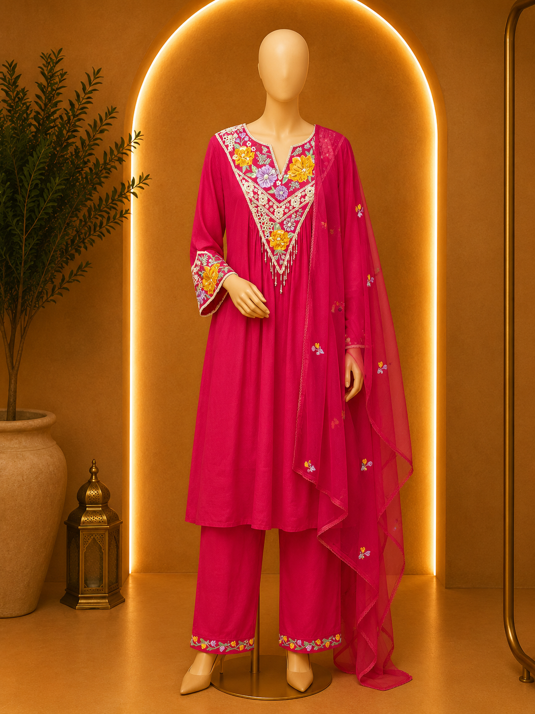 FUCHSIA PINK FLORAL EMBROIDERED KURTA PALAZZO SET WITH ORGANZA
