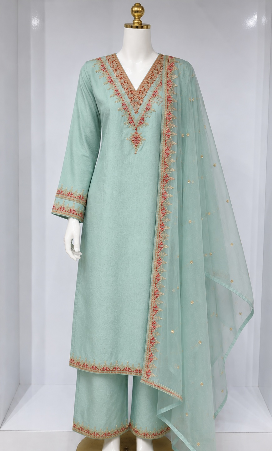 MINT GREEN EMBROIDERED KURTA PALAZZO SET WITH ORGANZA DUPATTA