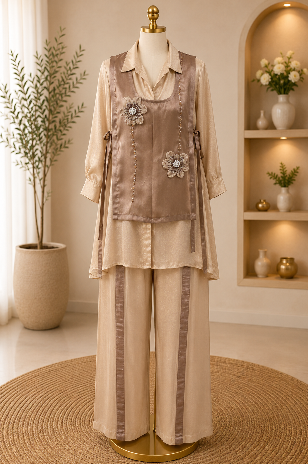 ELEGANT LAYERED CO-ORD SET WITH FLORAL APPLIQUE VEST