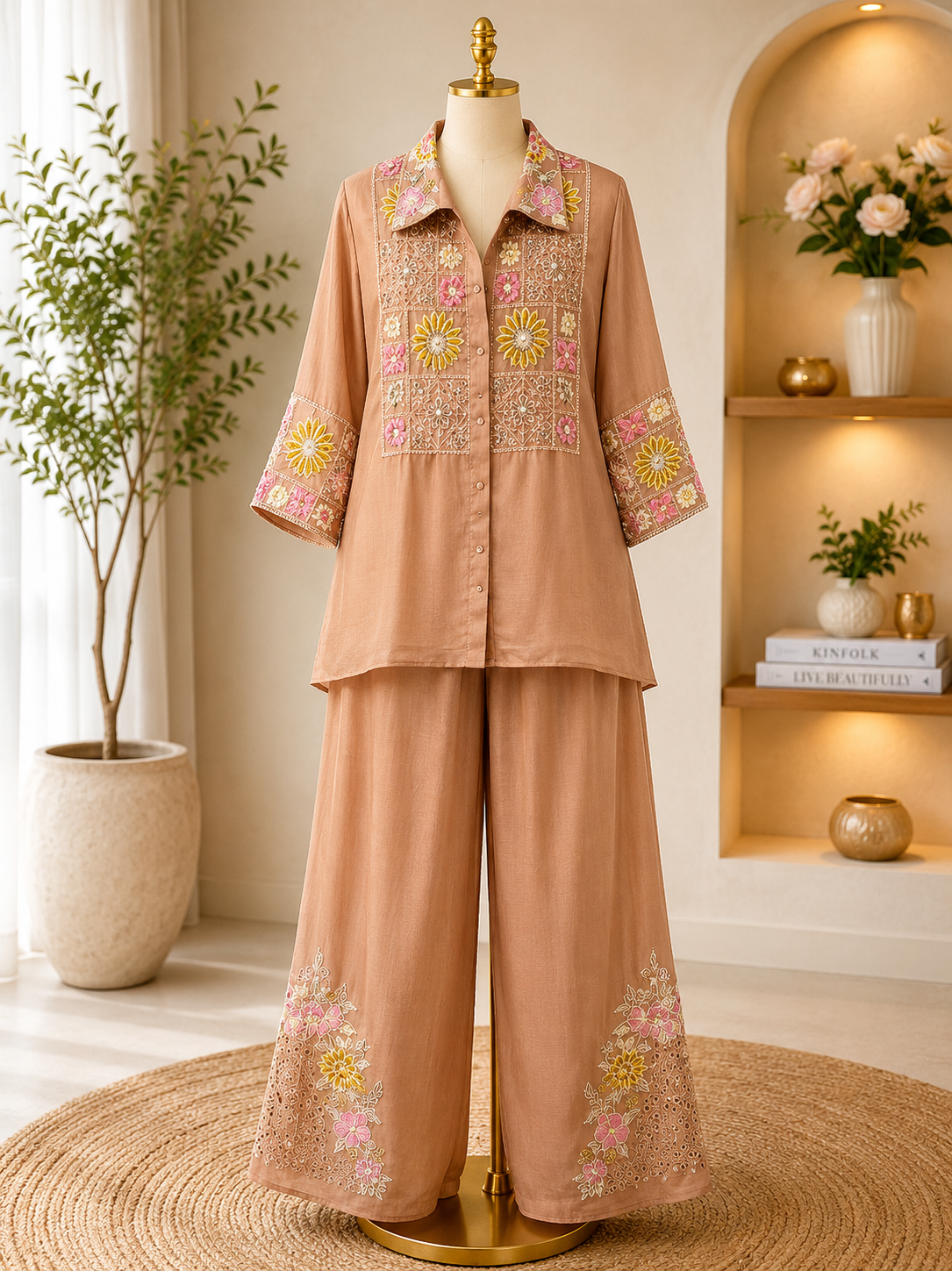 PEACH BLOSSOM EMBROIDERED CO-ORD SET