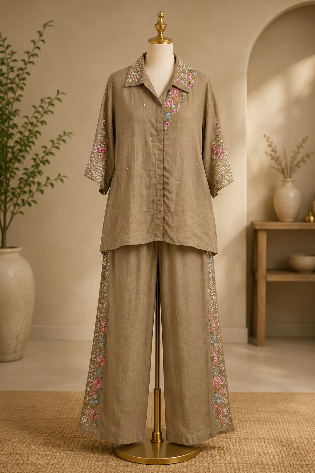 MOCHA ROSE EMBROIDERED CO-ORD SET 