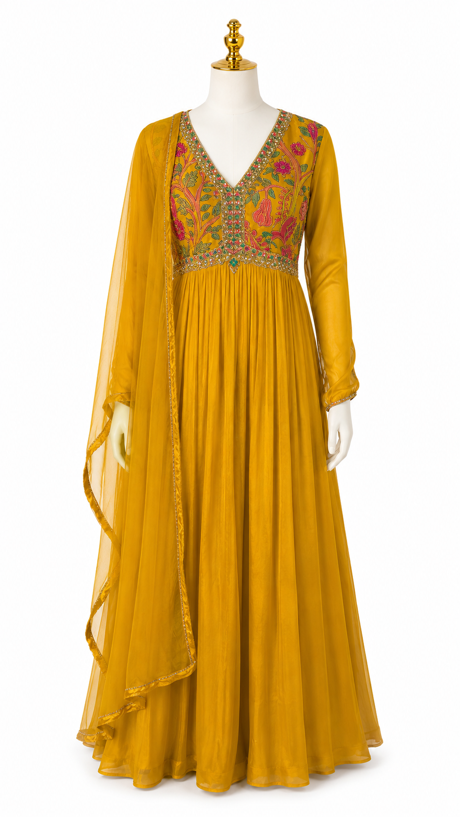 MUSTARD YELLOW FLORAL EMBROIDERED ANARKALI SUIT SET