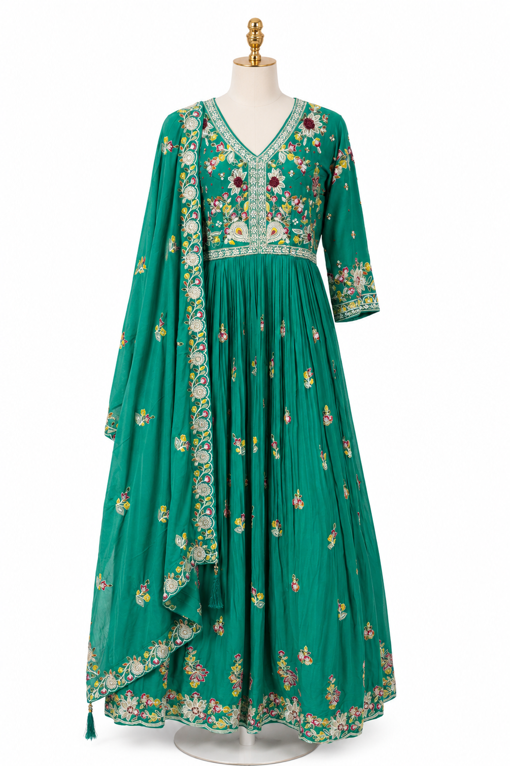 EMERALD GREEN FLORAL EMBROIDERED ANARKALI SUIT SET 
