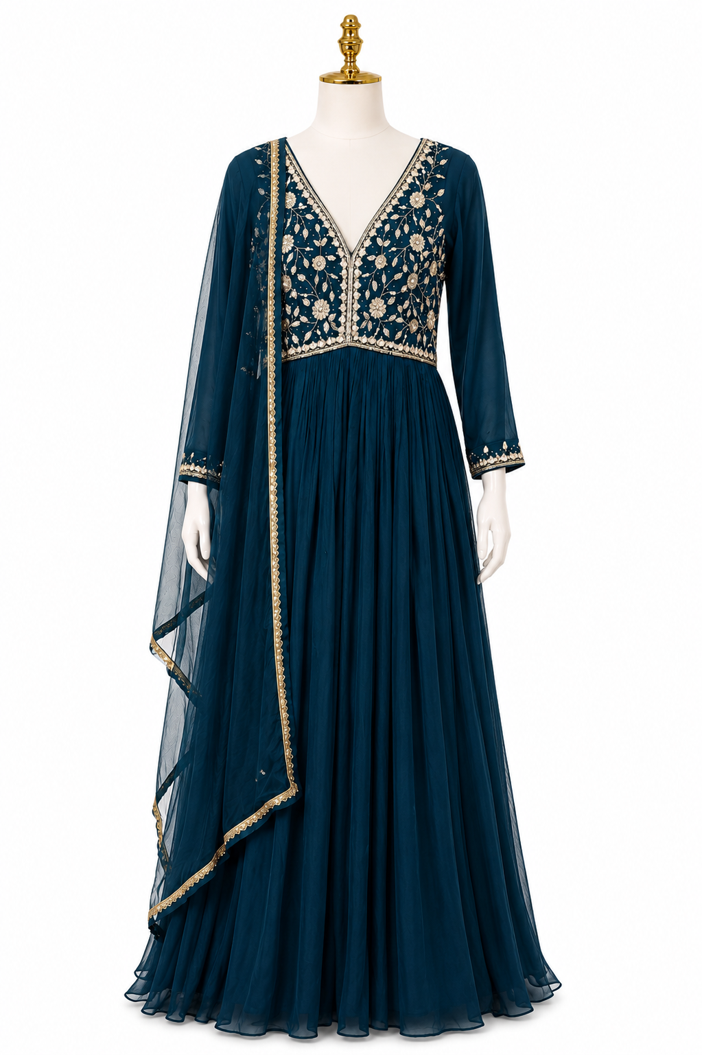 TEAL BLUE FLORAL EMBROIDERED ANARKALI SUIT SET 