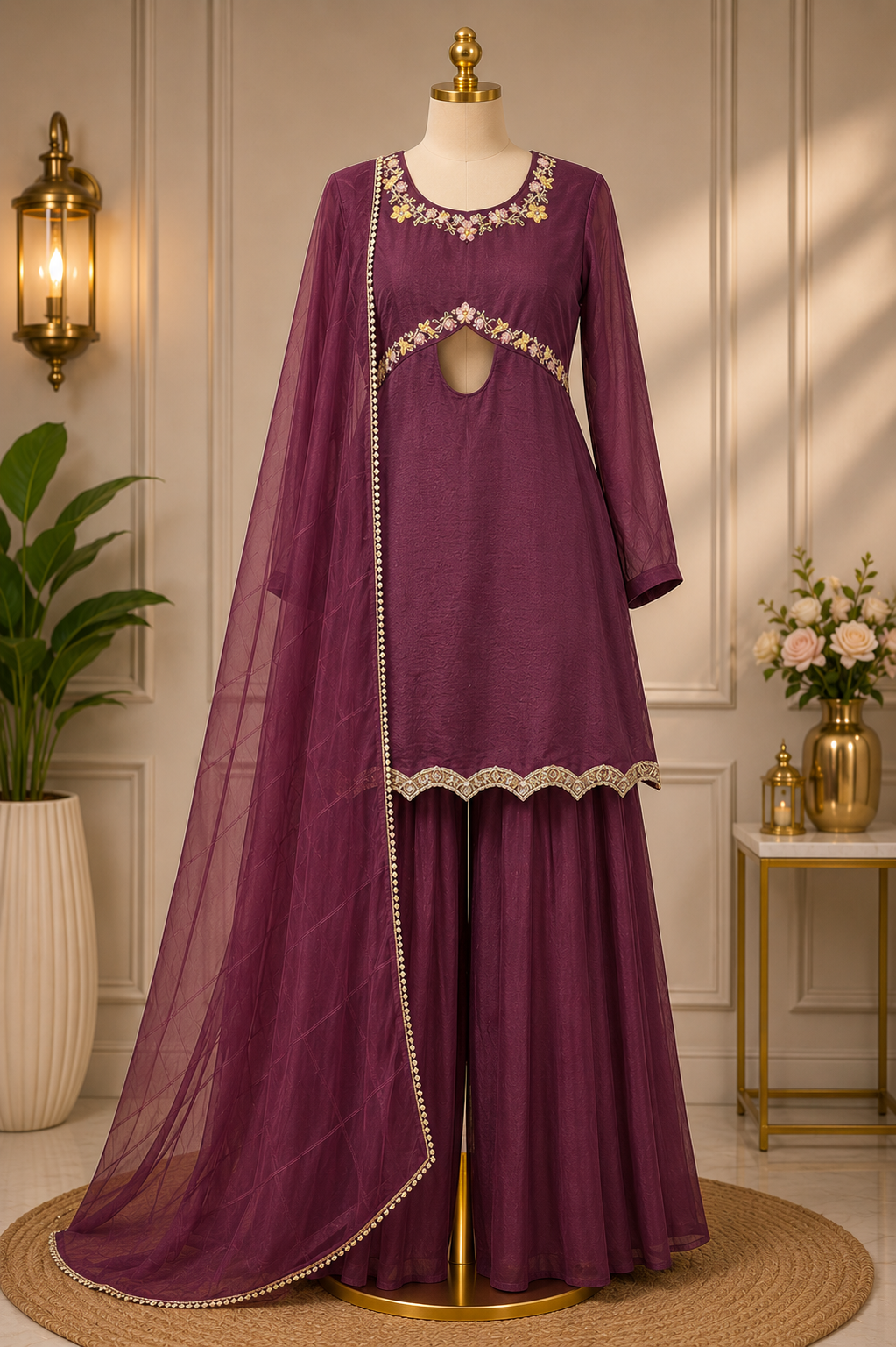 ROYAL PLUM EMBROIDERED SHARARA SET 