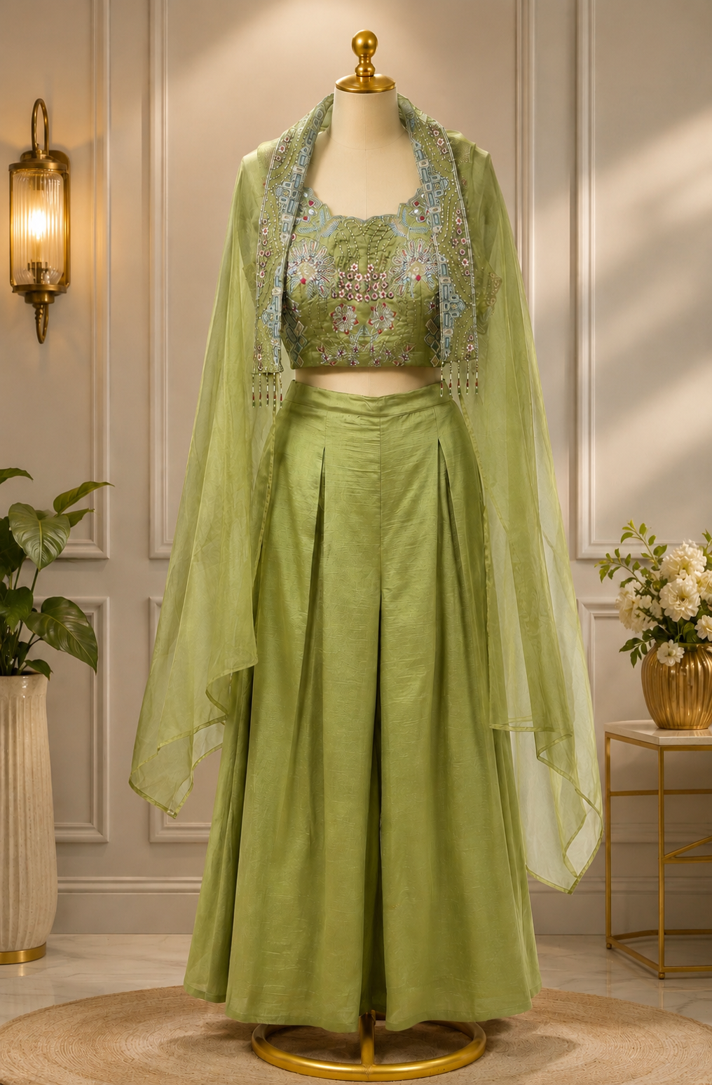 PISTACHIO BLOOM PALAZZO SET WITH EMBROIDERED CAPE 
