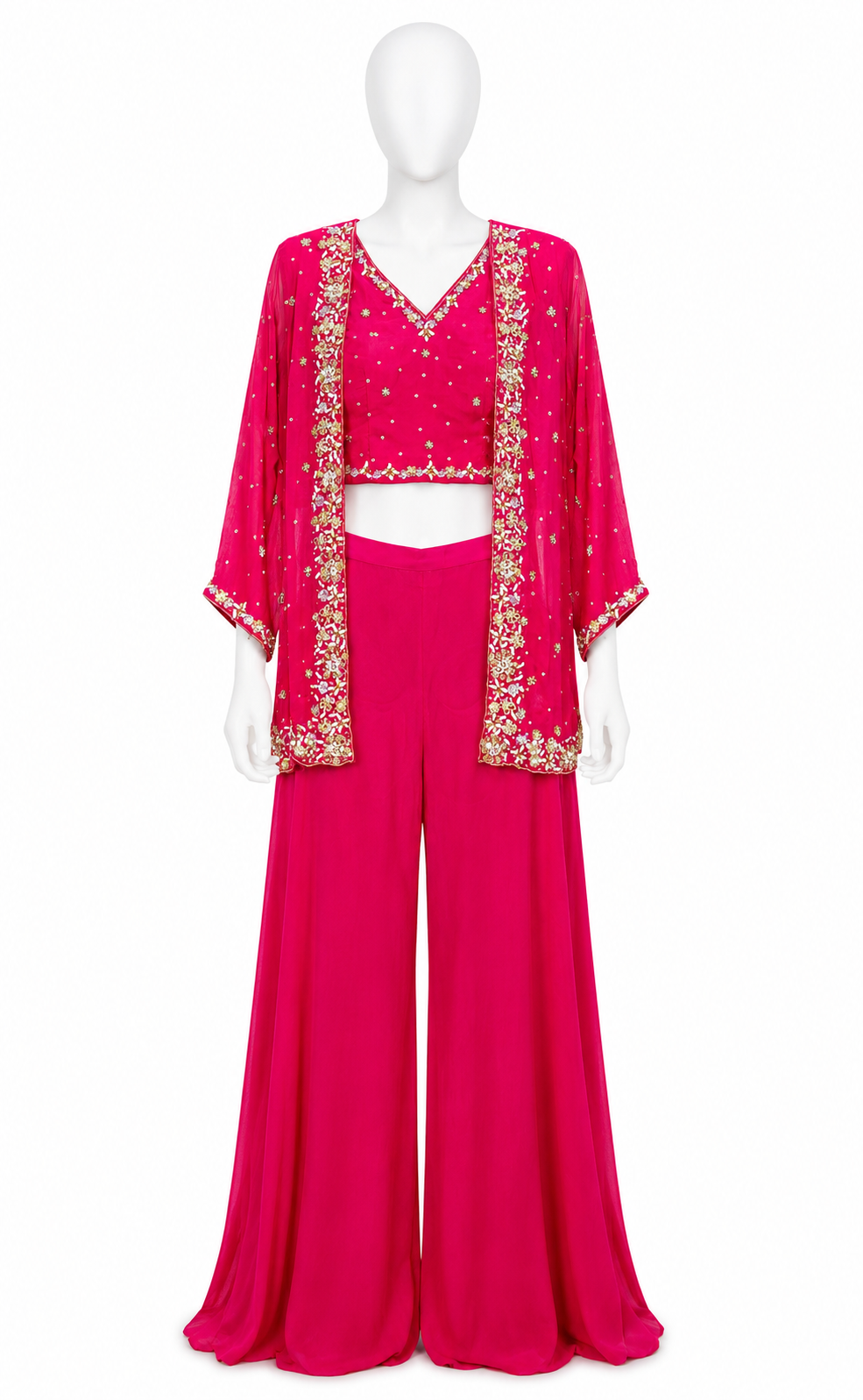 FUCHSIA PINK EMBROIDERED THREE-PIECE CO-ORD SET 