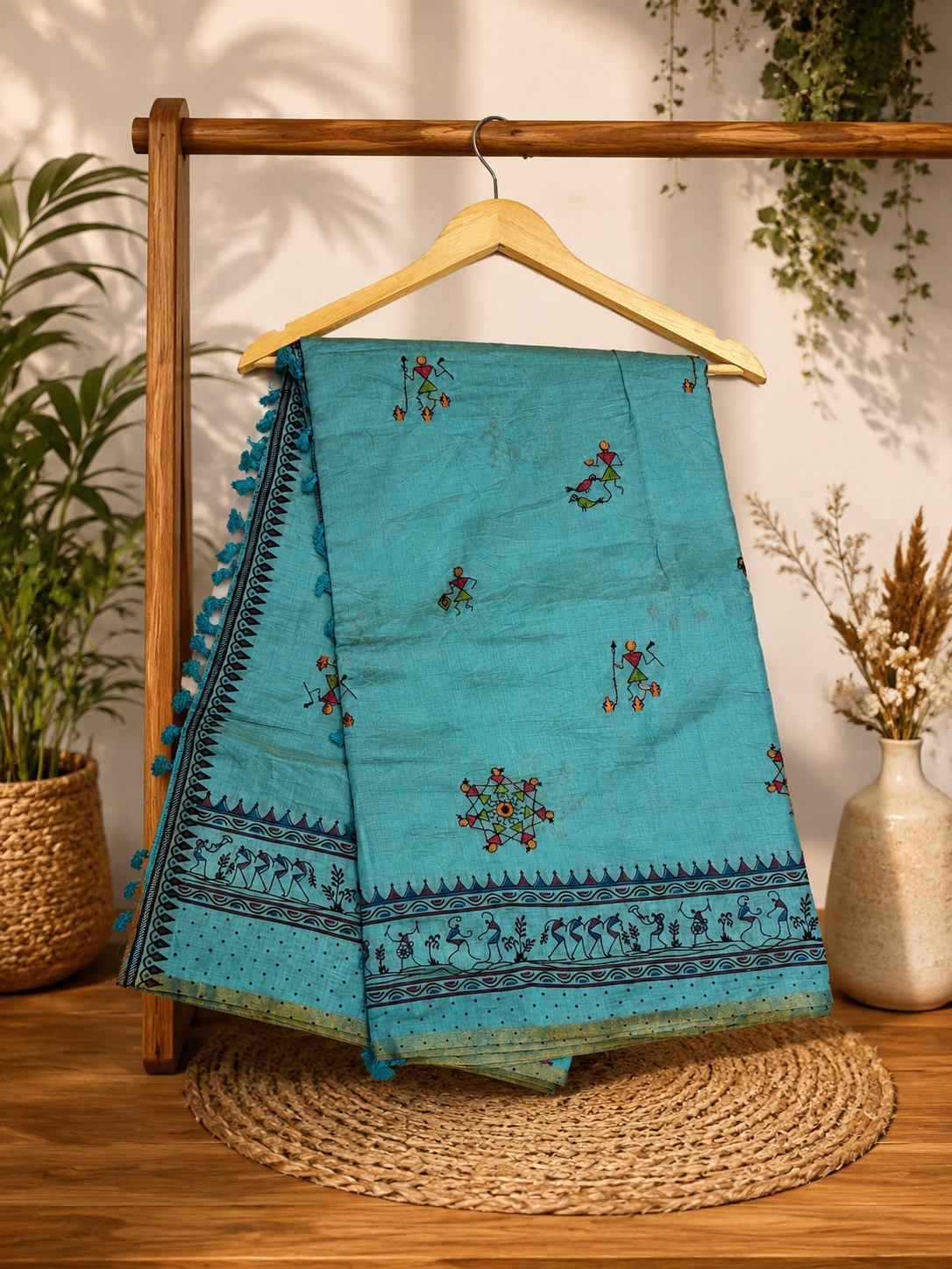 TURQUOISE WARLI ART COTTON SAREE