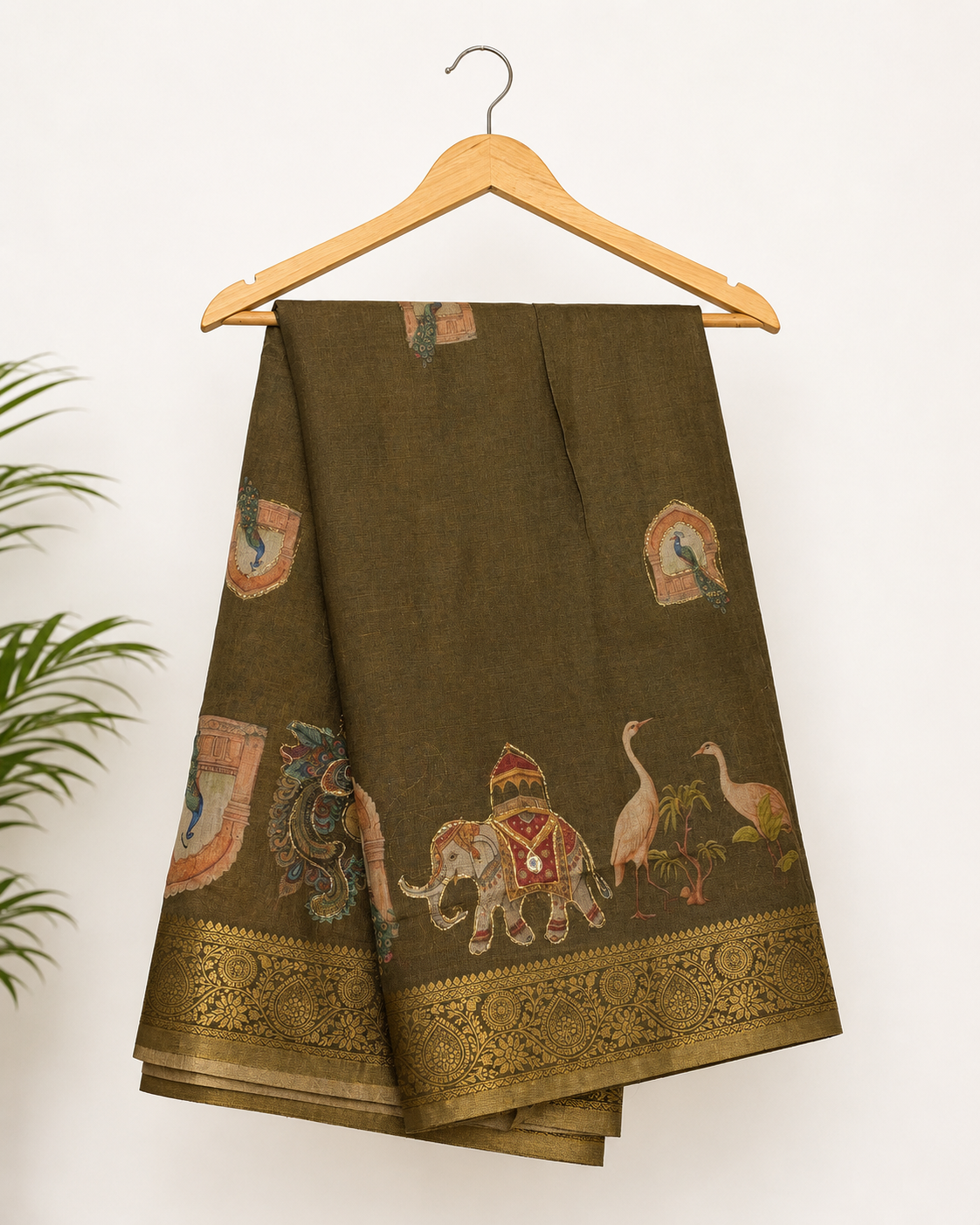 OLIVE GREEN ROYAL HERITAGE PRINTED SAREE