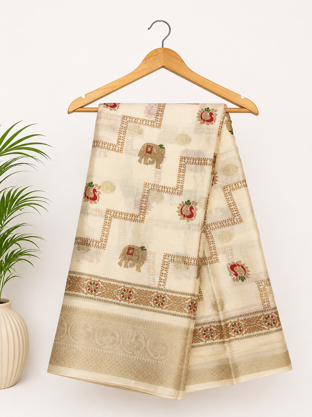 IVORY ROYAL ELEPHANT ART SILK SAREE