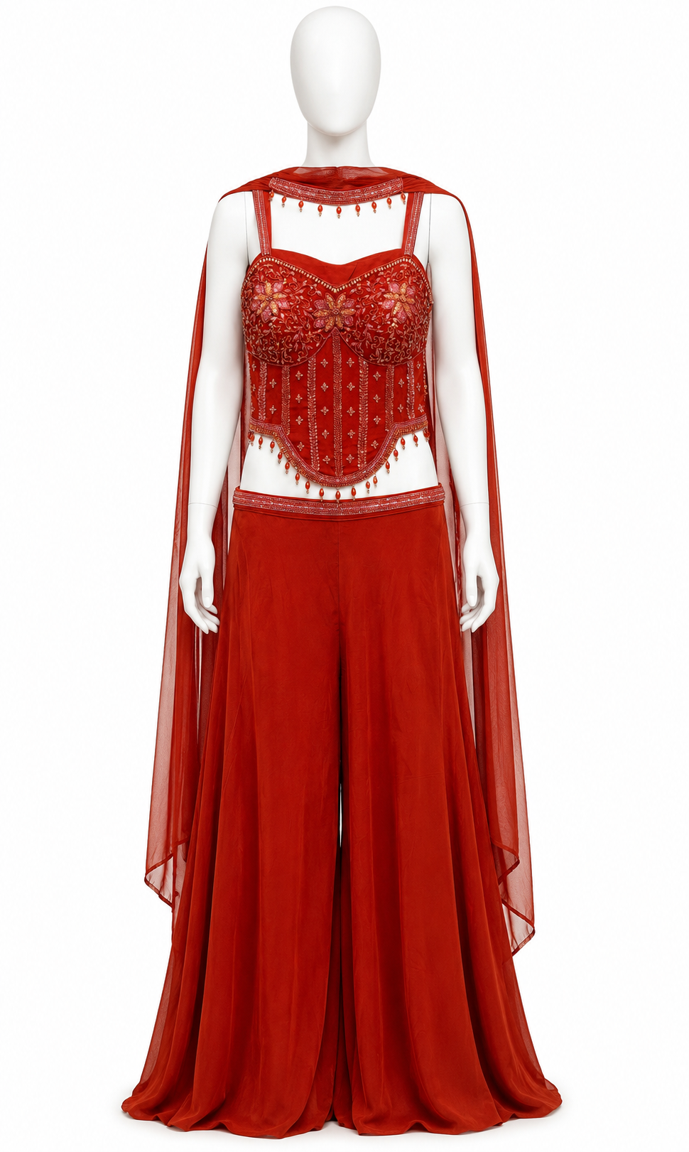 RUST ORANGE EMBELLISHED CORSET CAPE PALAZZO SET 