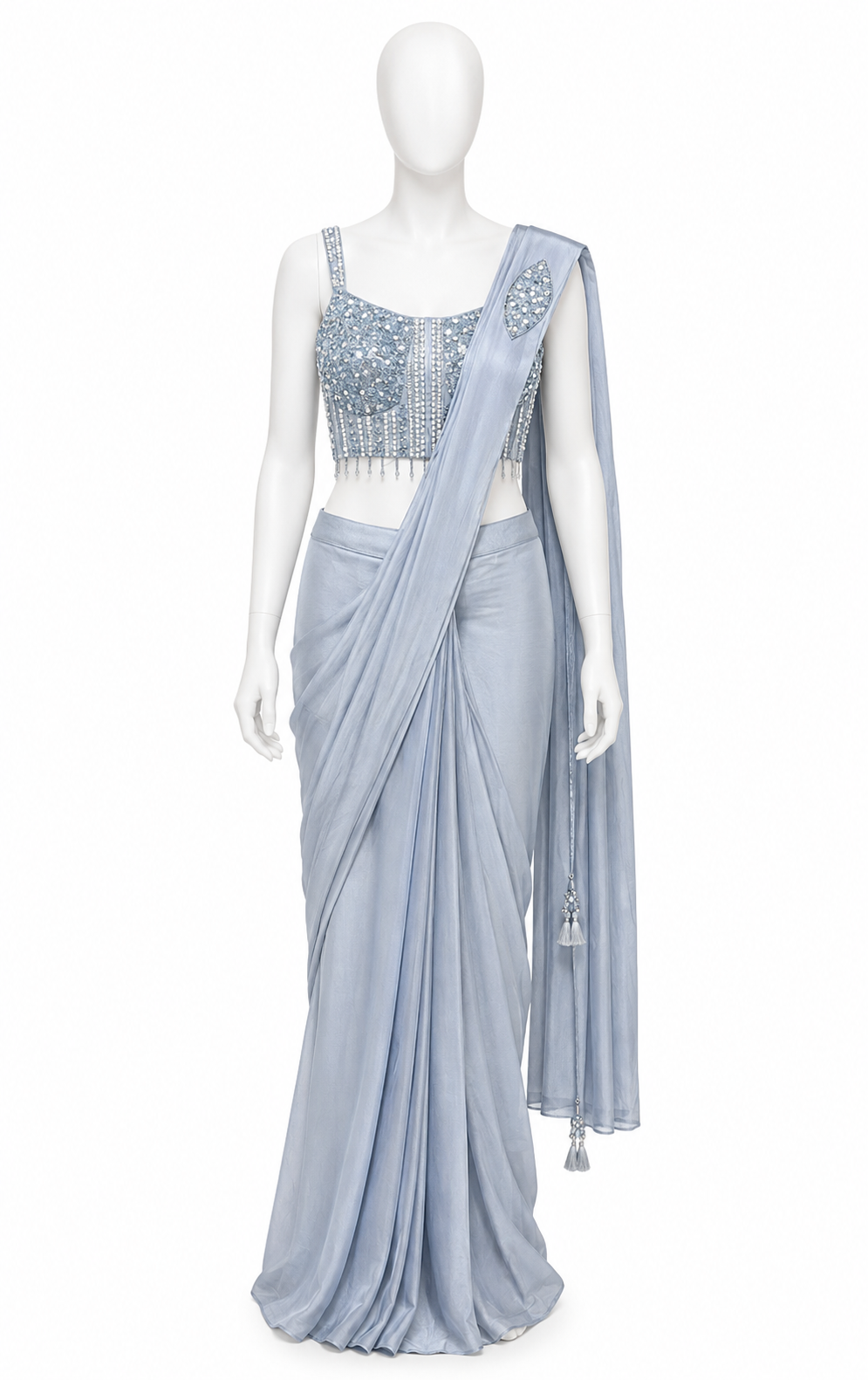ICE BLUE EMBELLISHED DRAPE SAREE SET 