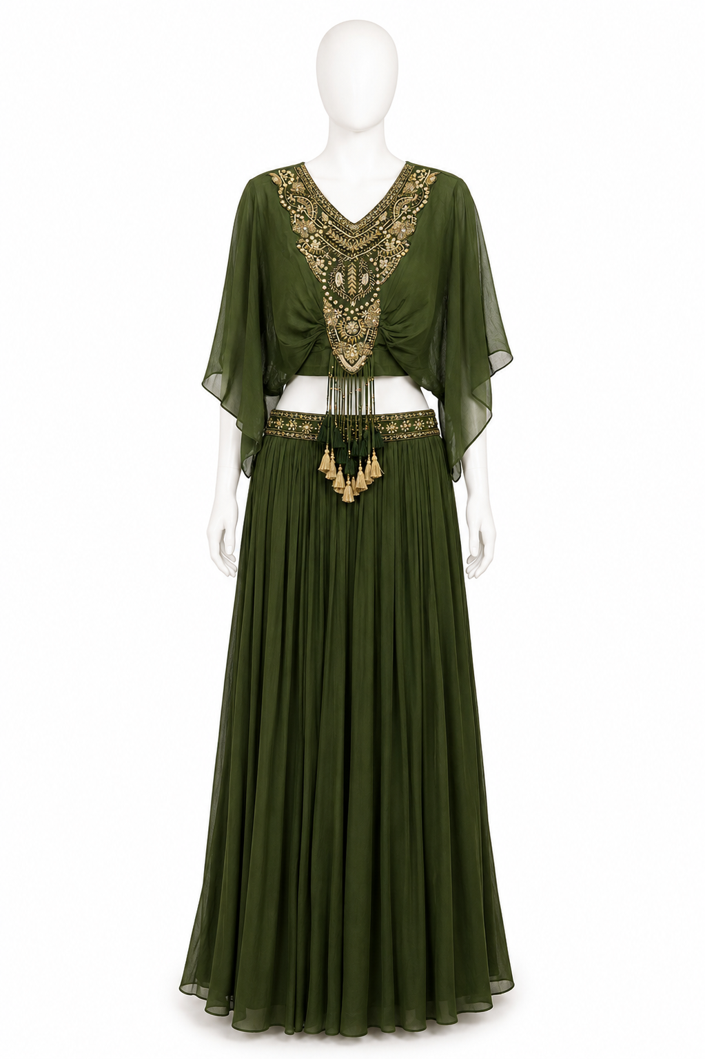 OLIVE GREEN EMBROIDERED CAPE LEHENGA SET