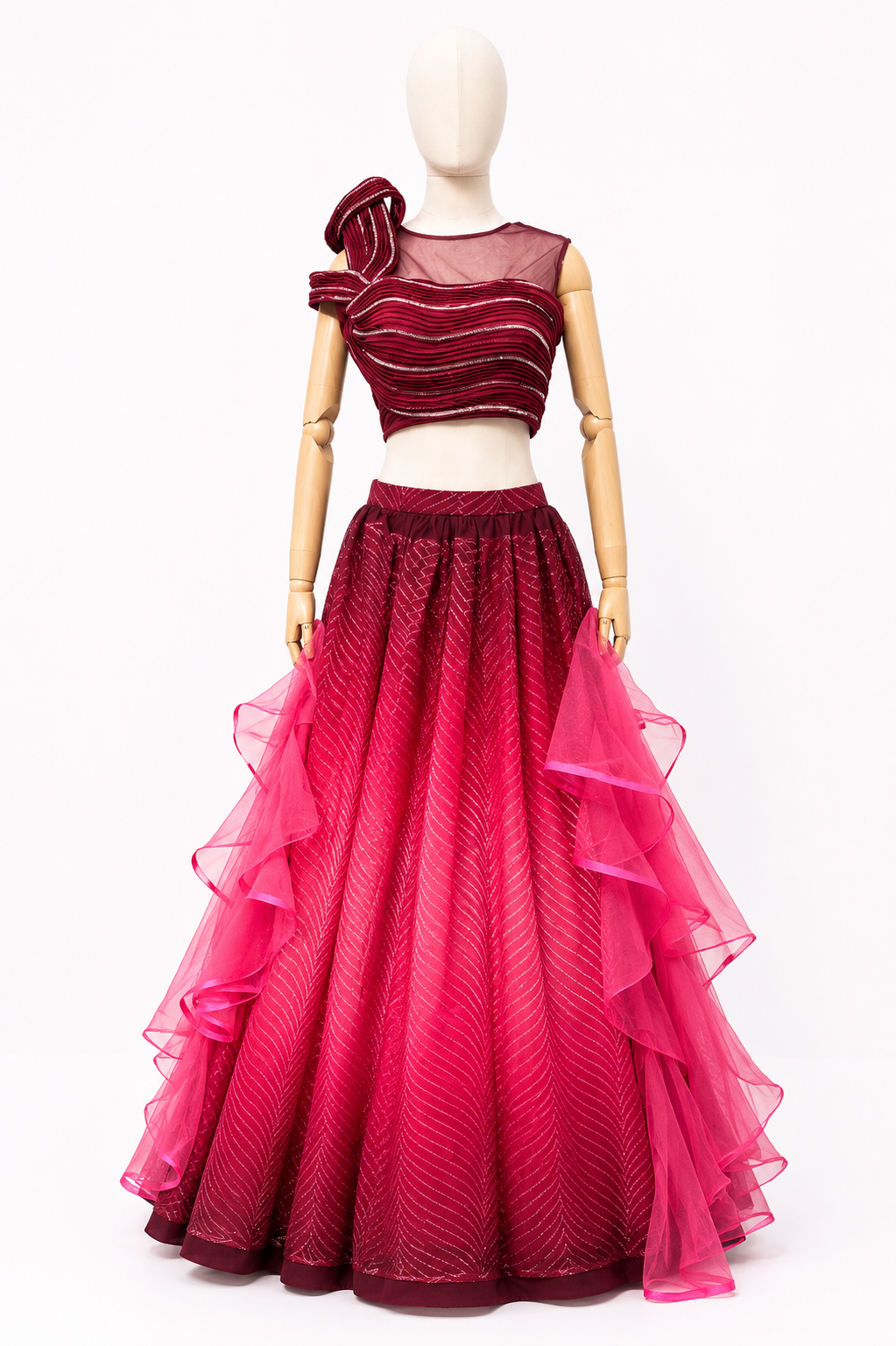 WINE RED ONE -SHOULDER DESIGNER LEHENGA SET 