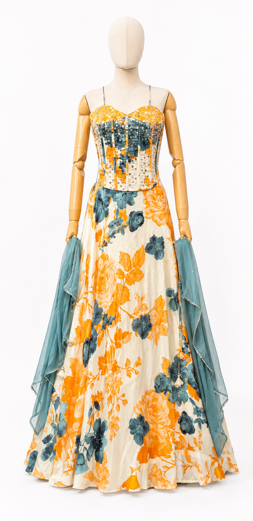 MUSTARD FLORAL PRINTED CORSET LEHENGA SET 