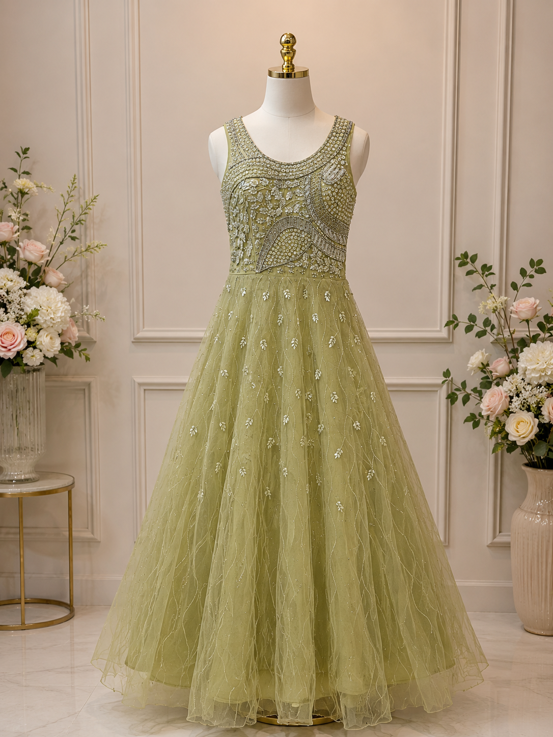 PASTEL SAGA GREEN EMBELLISHED PRINCESS GOWN 