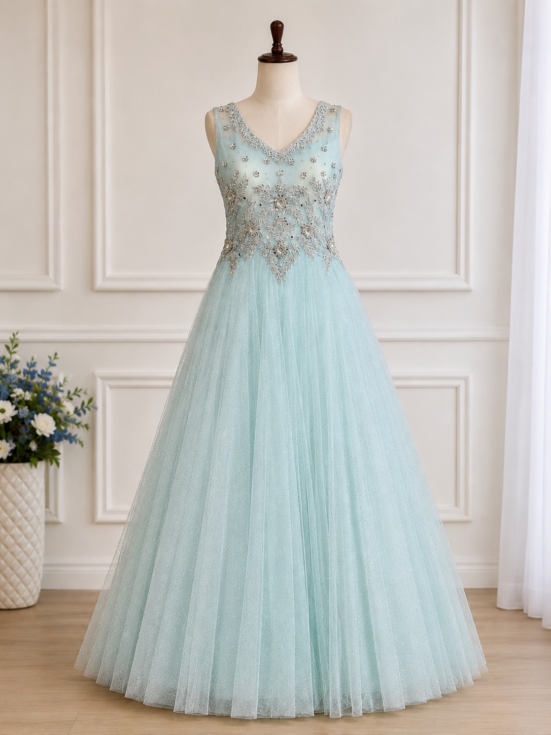 ICE BLUE EMROIDERED BALL GOWN