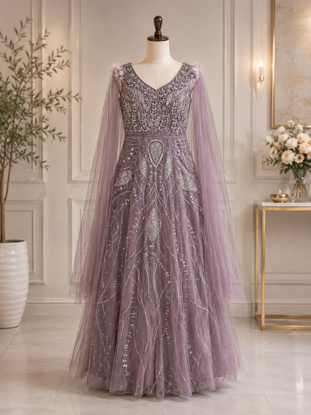 LAVENDER CRYSTAL CAPE GOWN
