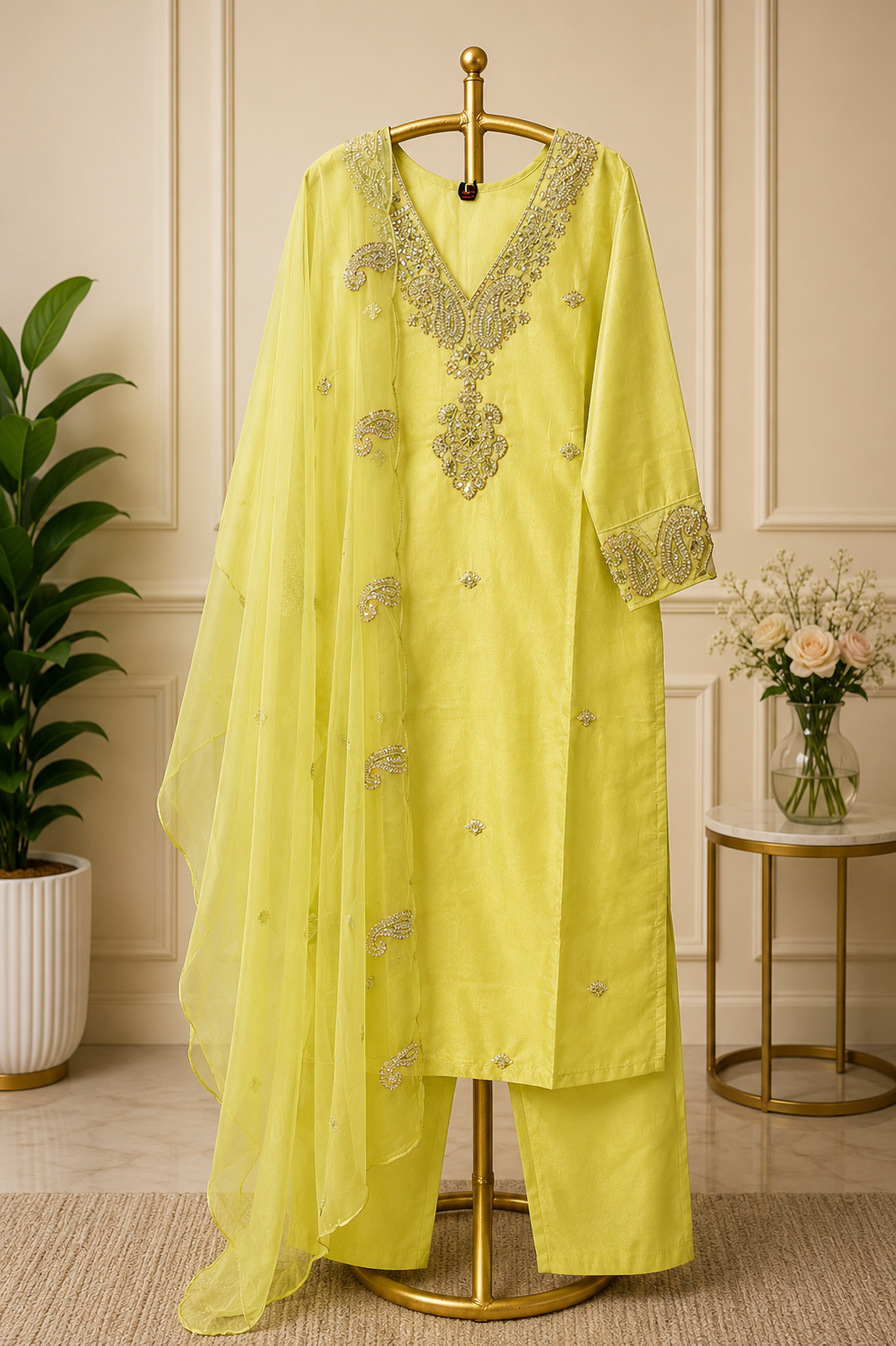 LEMON YELLOW EMBROIDERED STRAIGHT KURTA SET 